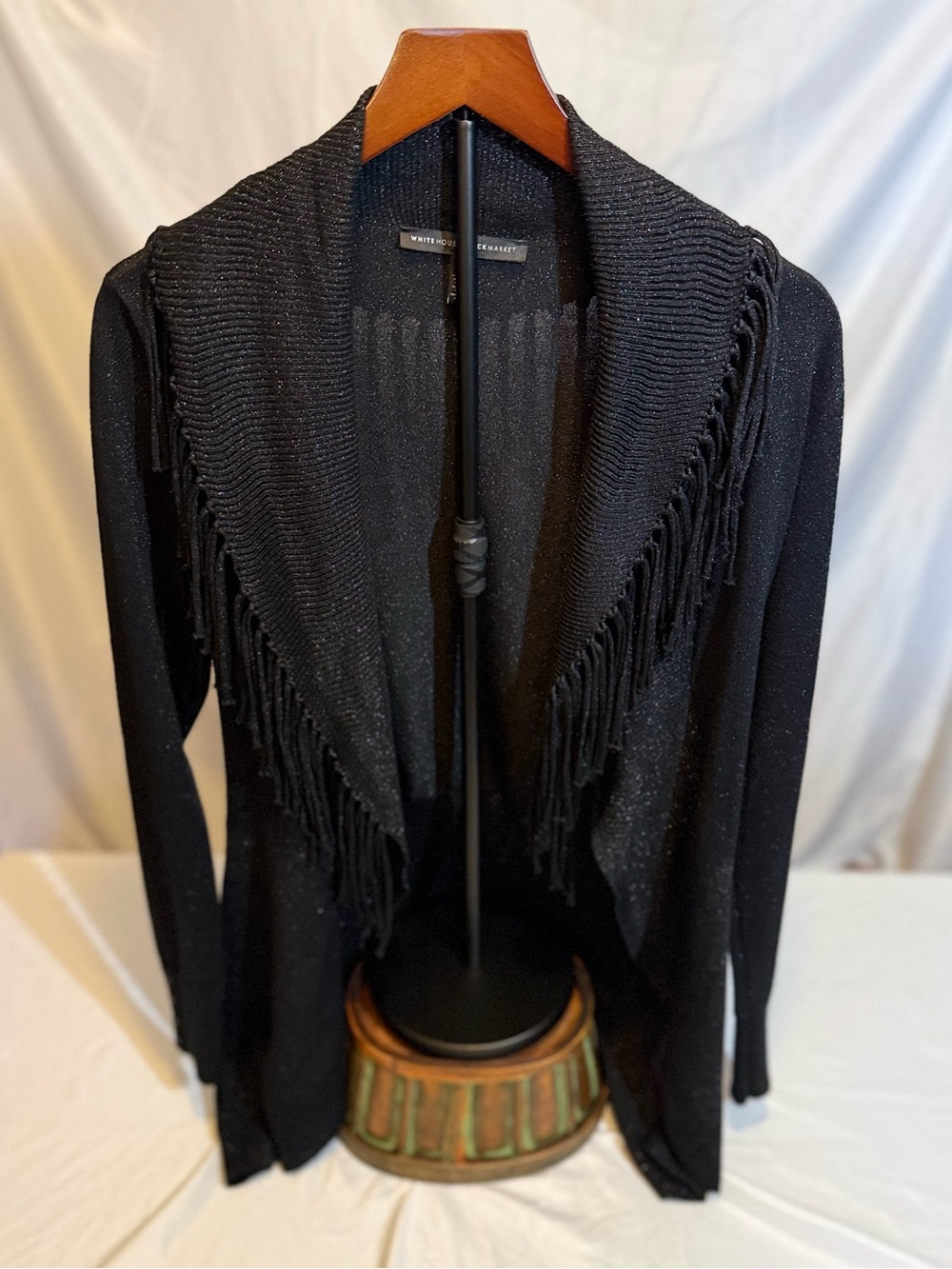 White House Black Market Black Fringe Shawl Cardigan Size Medium (KK)